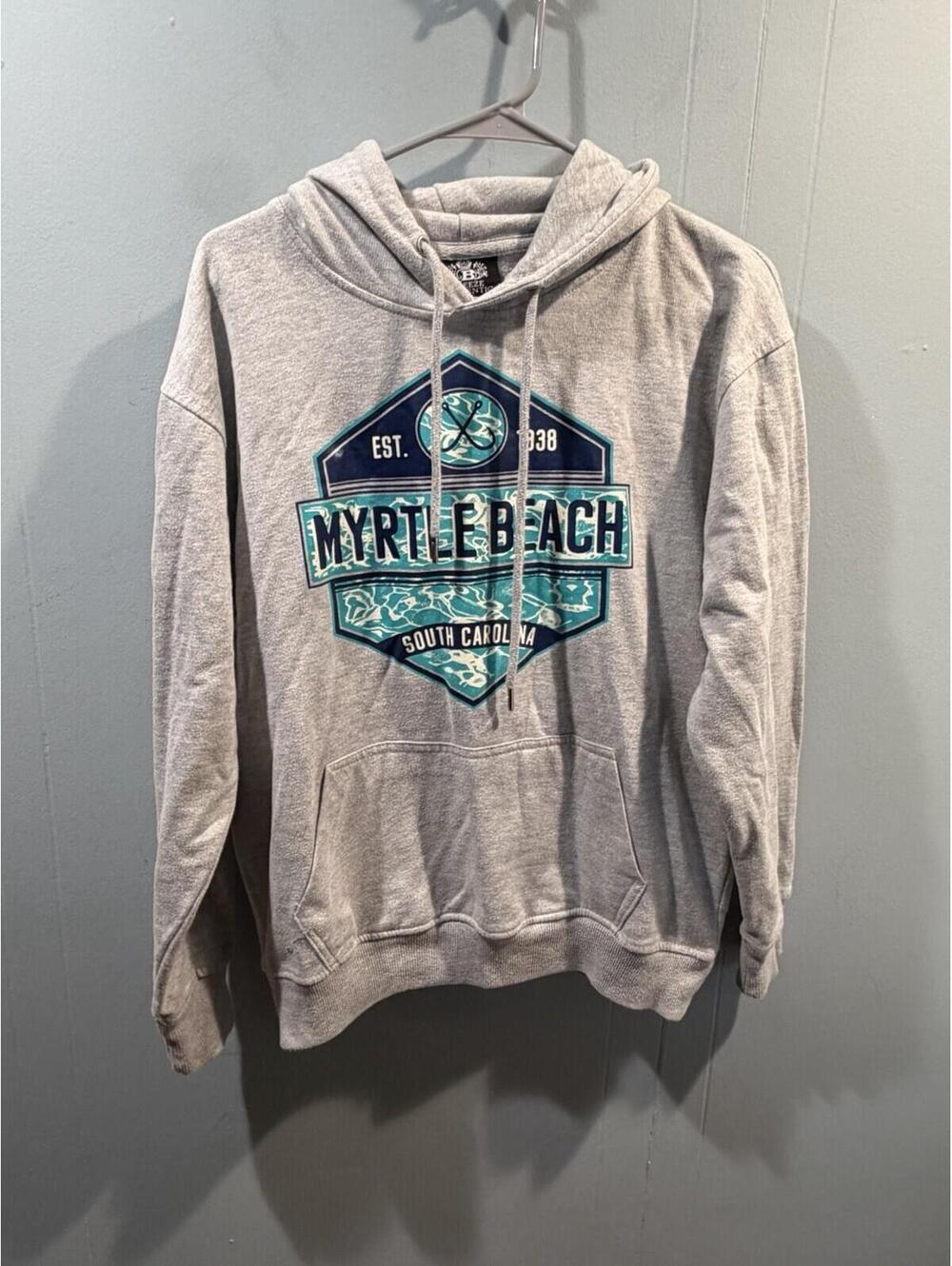 Mens Breeze Authentic Pullover Hoodie Size Medium Gray Myrtle Beach Print